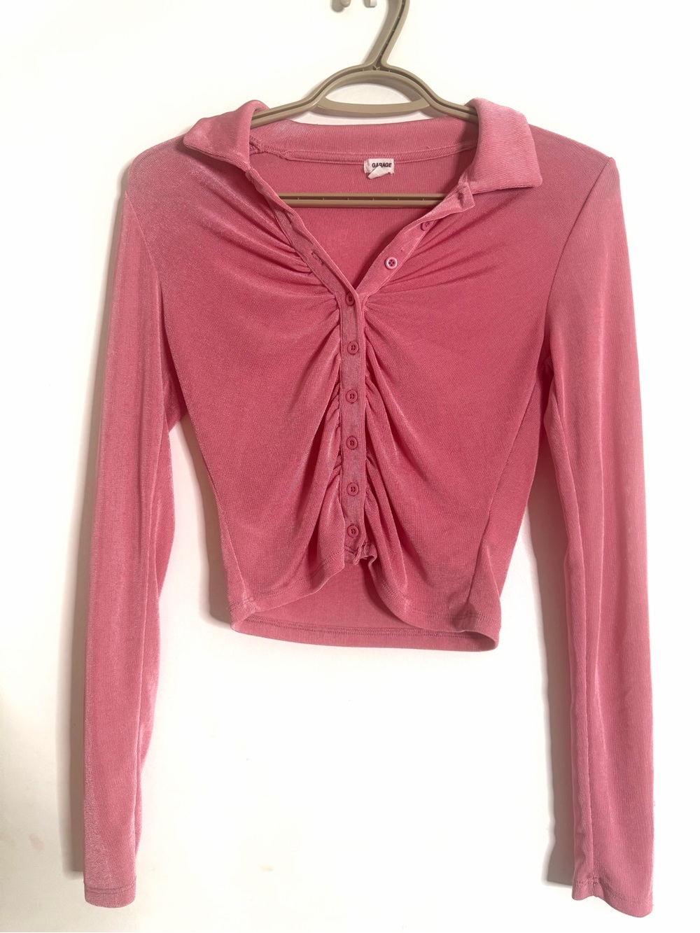 Garage Pink Ruched Button-Front Collared Long Sleeve Top
